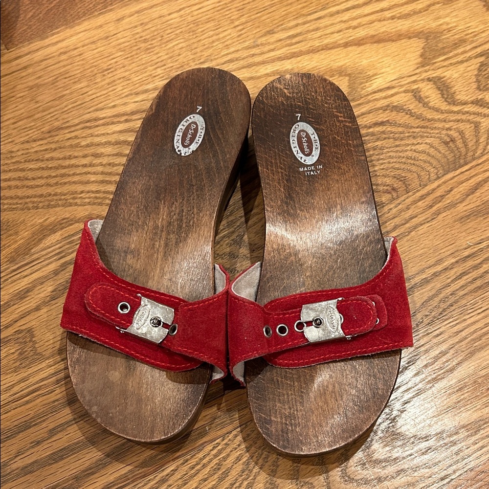 Dr Scholls Red Suede Women's Mules with Wooden Sole